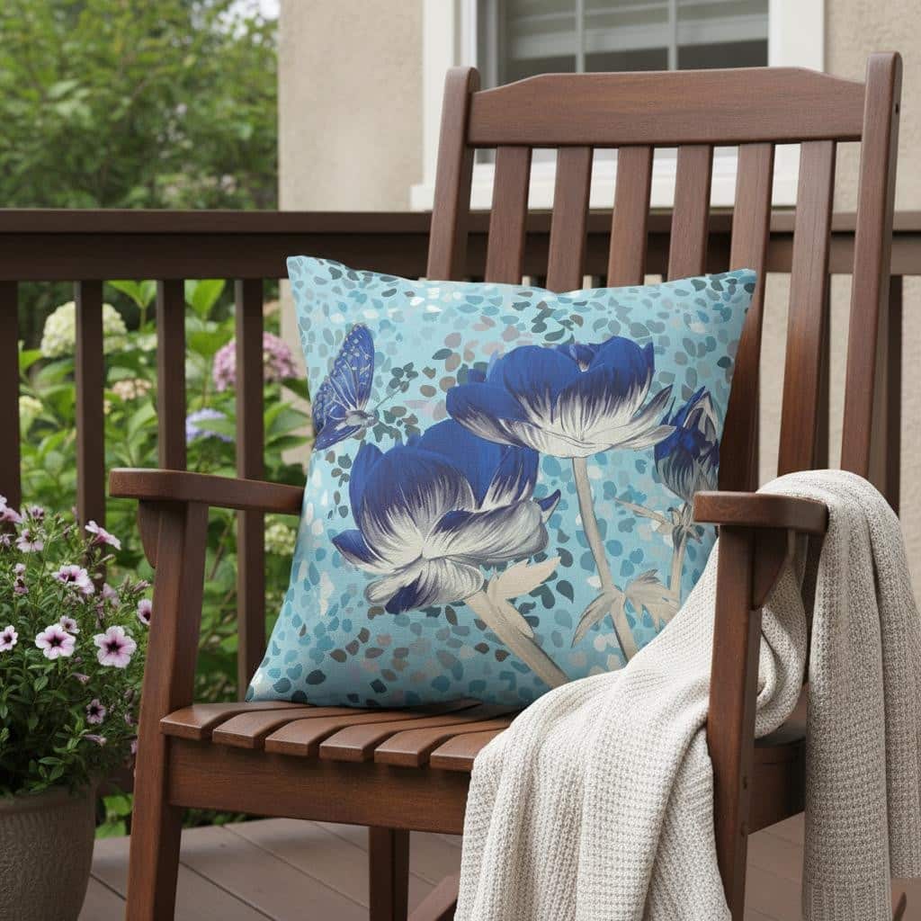 HomeRoots 20" x 20" Blue Butterfly Blown Seam Floral Indoor Outdoor Throw Pillow - 20.00' X '5.00' X '20.00