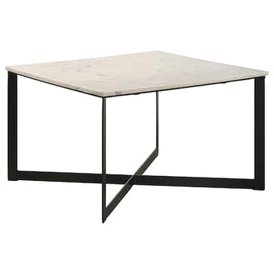 Sovi 28 Inch Side Coffee Table, Marble Top, Black Metal Frame, White Finish