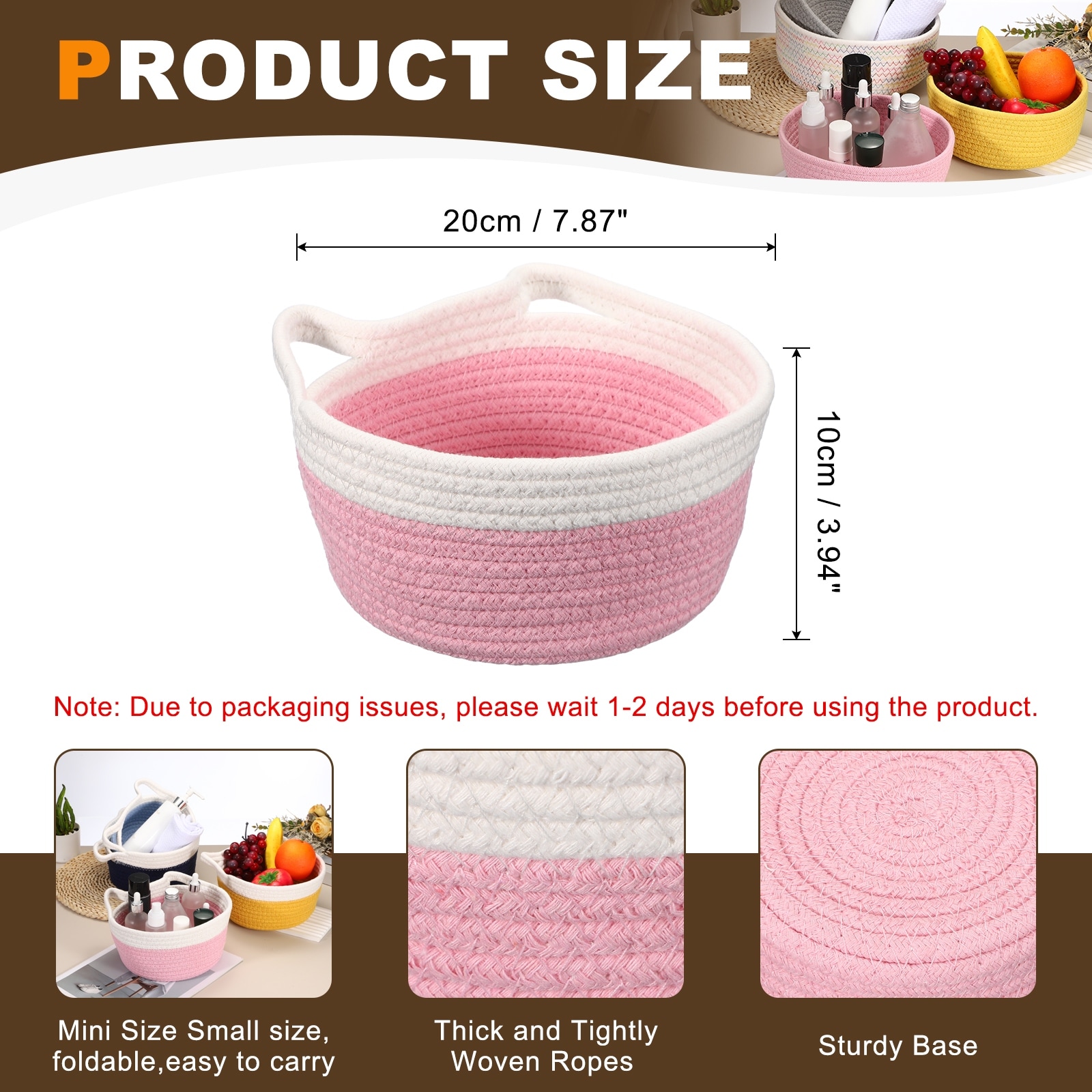 Small Cotton Rope Woven Storage Basket, Cat Ears Decorative Organizer