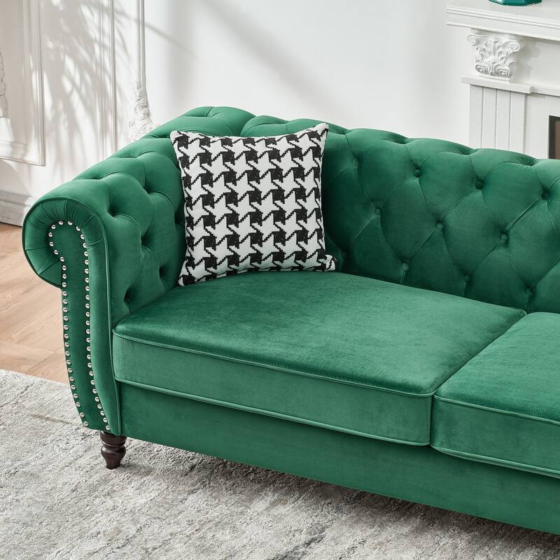 Velvet Upholstery Fabric 2-Seater Sofa with Rolled Armrests and Rivet Embellishments, for Living Rooms, Green