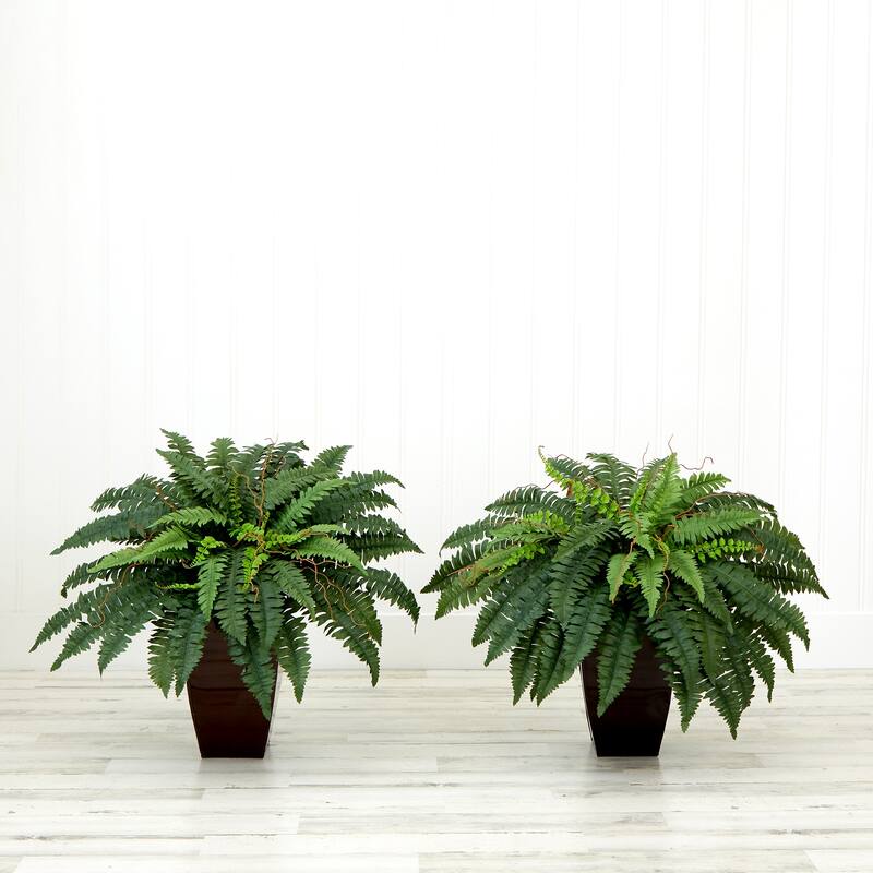 23" Artificial Boston Fern Plant with Tapered Bronze Metal Planter DIY KIT - Set of 2