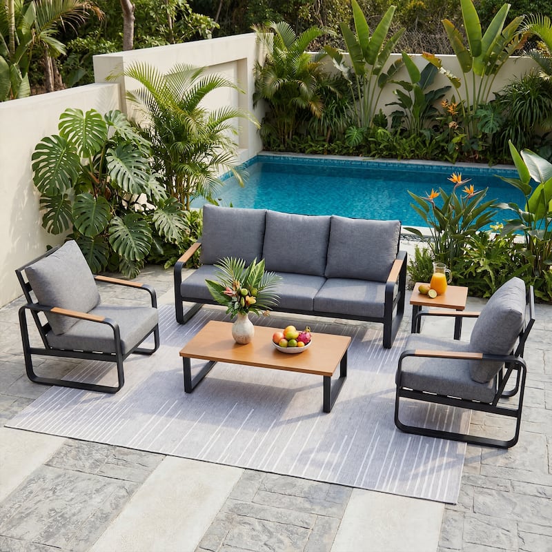 Outdoor Patio Conversation Sofa Set with Cushions - 5-PCS Sofa Set - Dark Gray