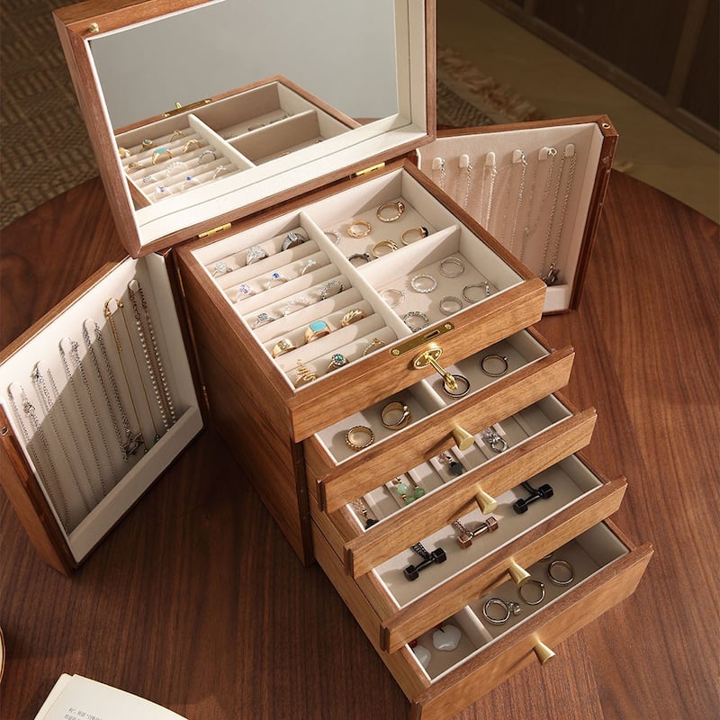 Walnut Color Pull-out with Locking and Mirror 5-Layer Jewelry Box - 11.82