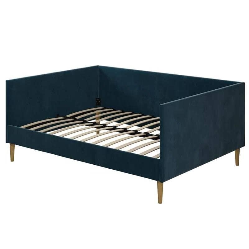 Velvet Upholstered Daybed with Wood Slat Base and Mid-Century Modern Design