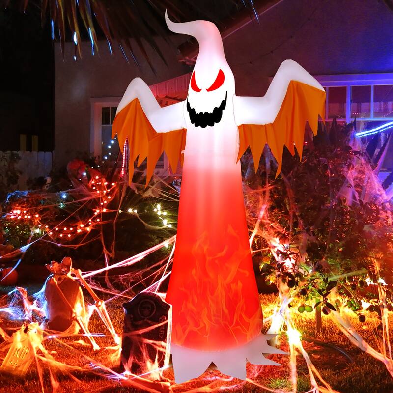 Gymax 6FT Inflatable Halloween Ghost Party Decoration w/ Flame Lights - White - Lantern