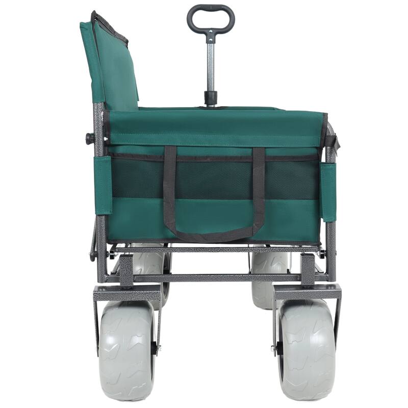 3-in-1 Folding Wagon with Bench Seat - 500lbs Capacity, 9"x4" Beach Tires for Camping & Beach, green
