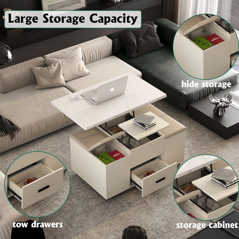Lift Top Coffee Table Set with 4 Stools, Center Table with Hidden Storage & Drawers, Living Room Table with Lockable Wheels
