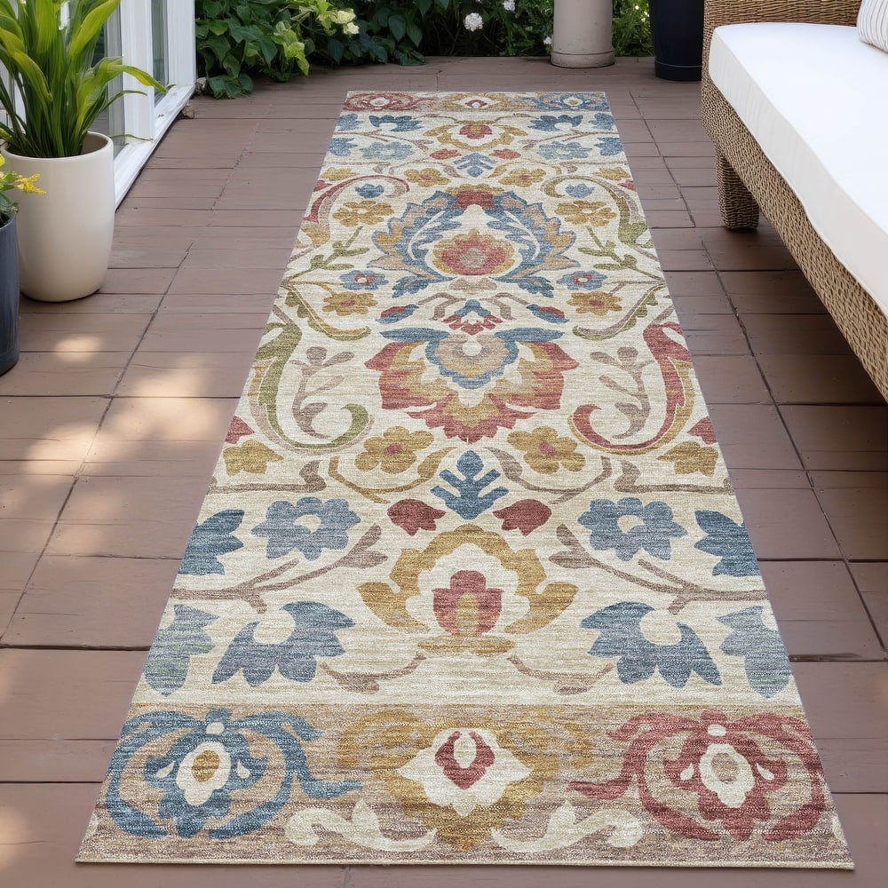Machine Washable Indoor/Outdoor Floral Watercolor Chantille Rug
