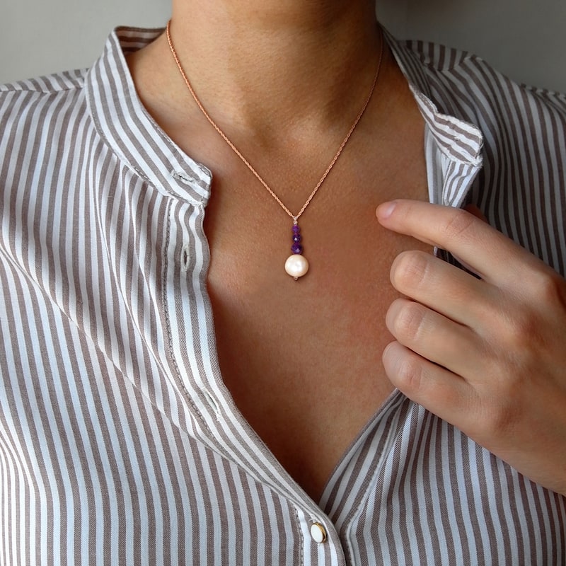 Miadora 10.5-11mm Cultured Freshwater Pearl 1 7/8ct Amethyst Bead Necklace 10k Rose Gold - 17 in