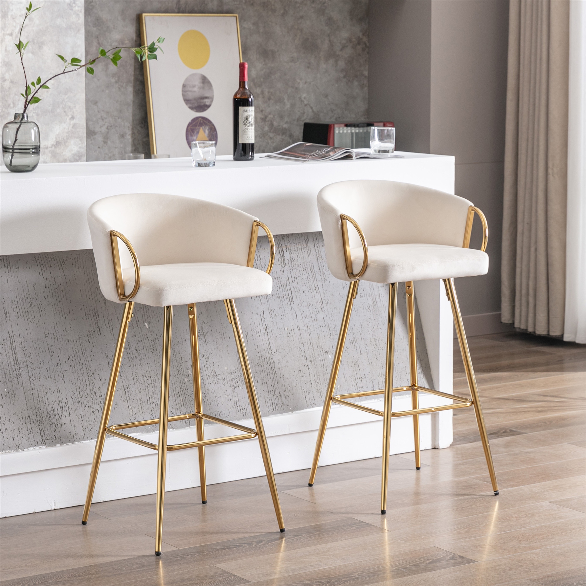 39.37 Inch High Velvet Bar Stools With Golden legs Set of 2 N