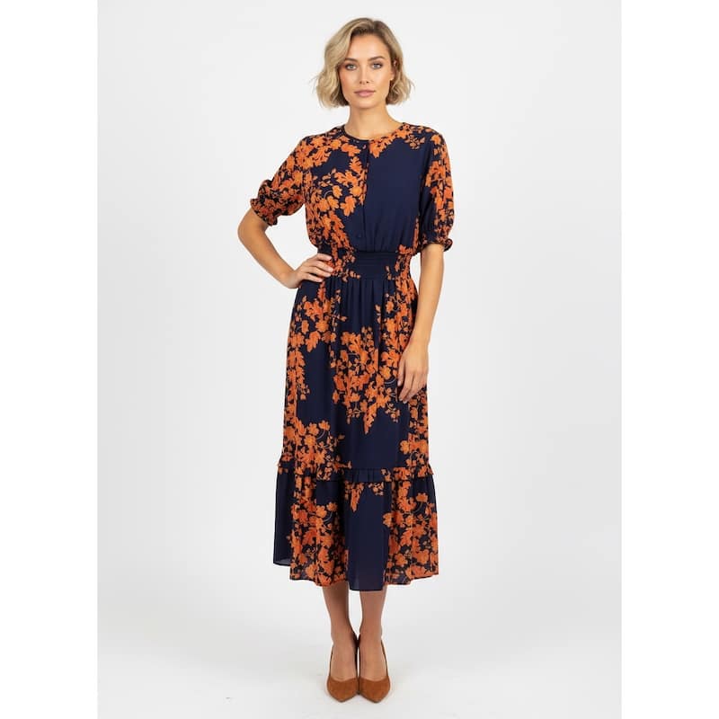 Nanette Lepore Floral Midi Dress - Navy/Gold Floral - 12
