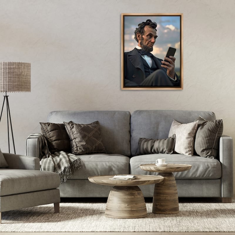 Stupell Abe Lincoln with Cellphone Framed Floater Canvas Wall Art Design By Michael McKinney