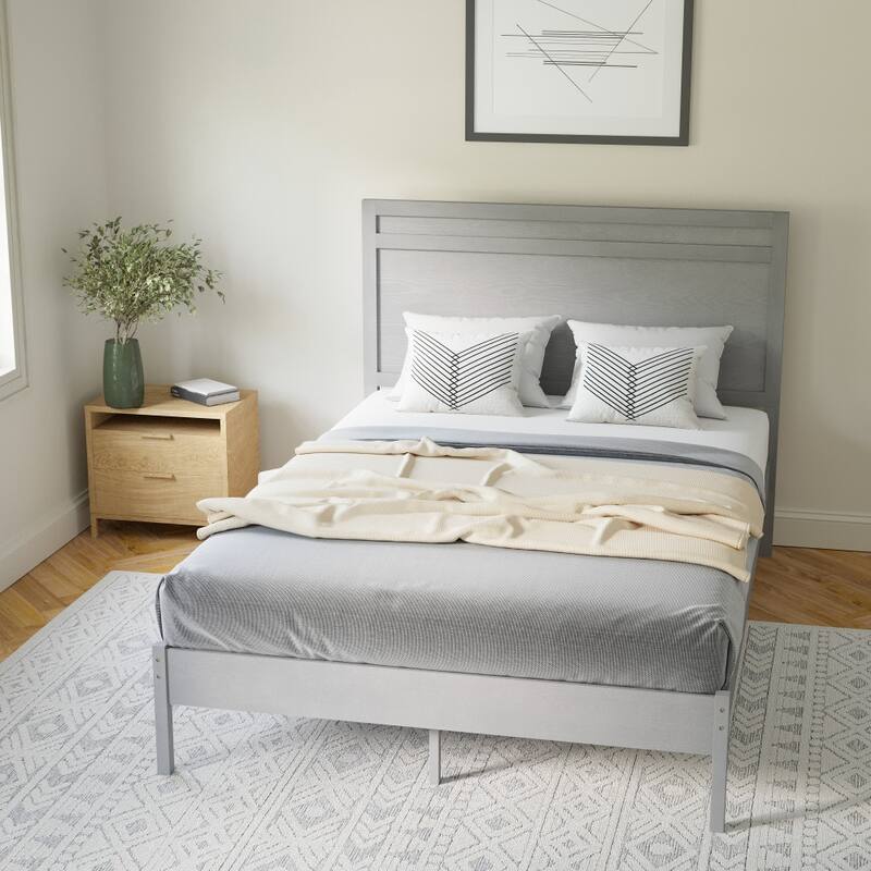 Modern Solid Wood Platform Bed with Headboard and Wooden Slats