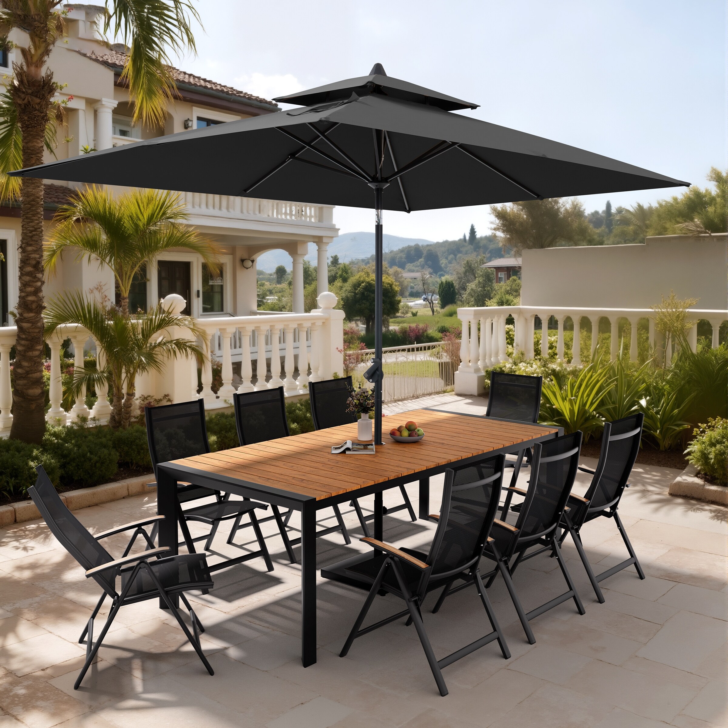 11-Piece Outdoor Patio Dining Set Wood Like Aluminum Umbrella Hole Table with Folding Chairs, Market Umbrella and Base