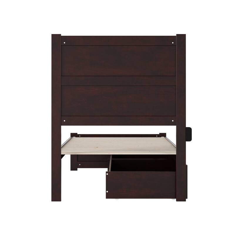 Twin XL Bed with Footboard & Drawers - Espresso Modern Platform Bed with Charging Station & Slat Kit
