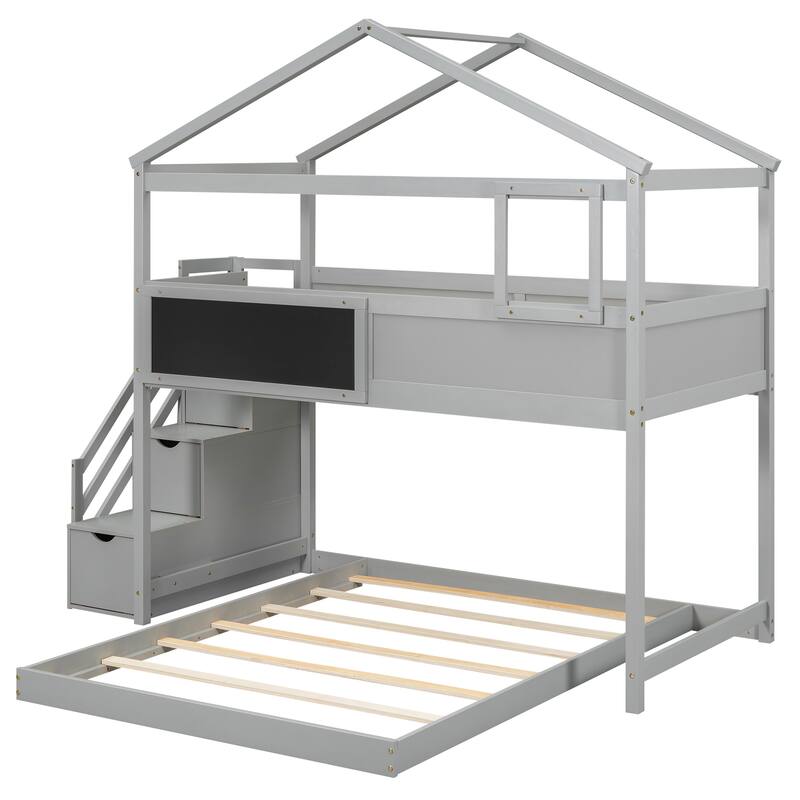 Twin over Full House Bunk Bed with Storage Staircase and Blackboard, Bunk Bed Frames w/Slats Support No Box Spring Needed