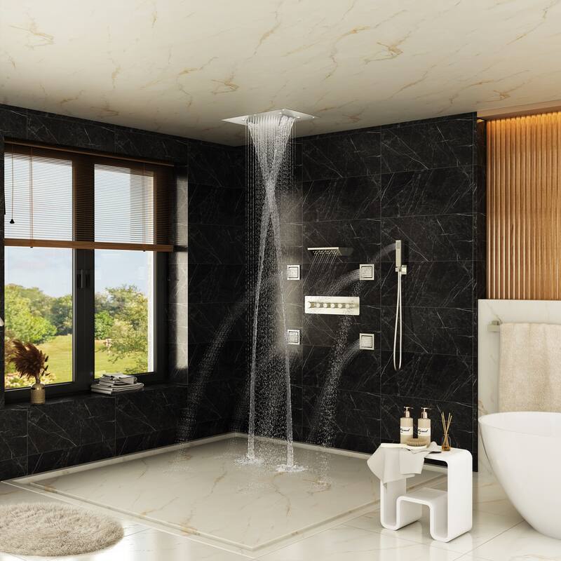 5-Spray Thermostatic Shower System, Luxury Anti-Scald 16 in. Fixed and Handheld Shower Head with Body Jets, Valve Included