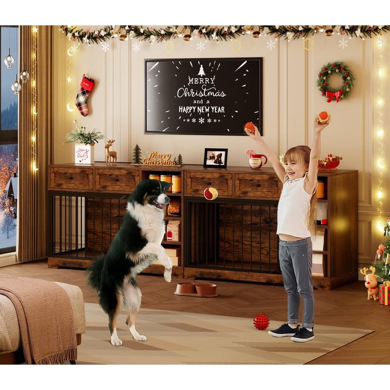 Wooden Dog Cage Furniture Indoor Crate Kennel TV Stand with Drawers Shelves