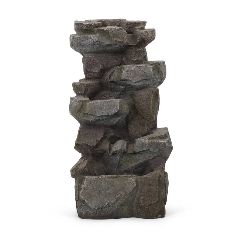 Roomfitters Apache 34-Inch Stacked Rock Outdoor Tiered Water Fountain with LED Lights, Weather-Resistant Faux Stone, Stone Gray