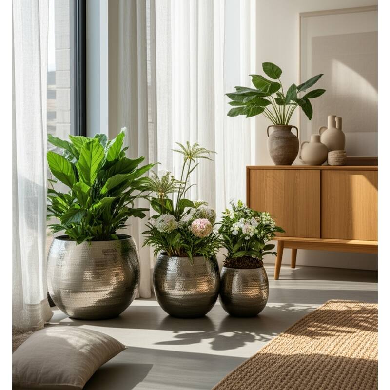Metal Modern Decorative Planters Garden or Indoor Display (Set of 3) - 14" x 14" x 11"