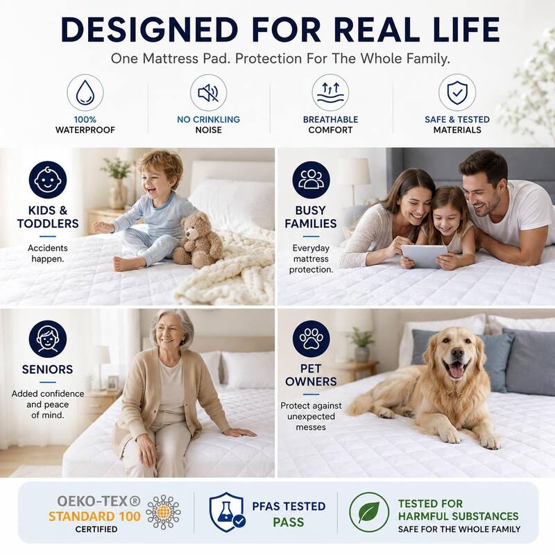 Ultra Soft Waterproof Mattress Pad, OEKO-TEX Certified Mattress Protector, Breathable Noiseless Deep Pocket Cover