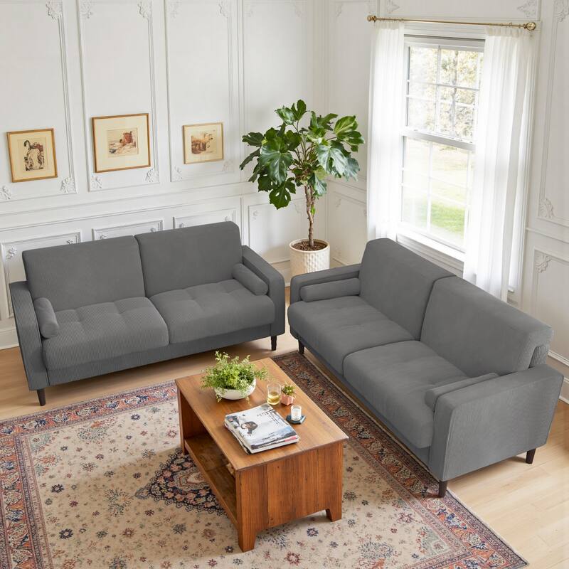 Modern Corduroy Upholstered Loveseat with Bolster Pillows and Wood Legs