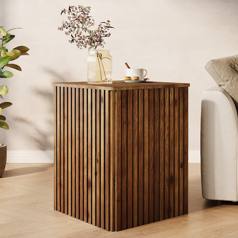Solid Wood Fluted Side End Table with Storage and Removable Lid - Brown