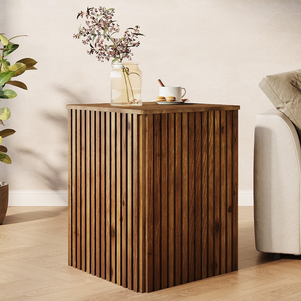 Solid Wood Fluted Side End Table with Storage and Removable Lid