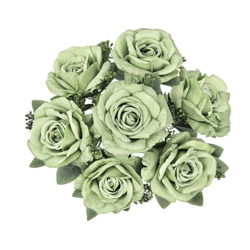 Set of 2 Deluxe Sage Green Artificial Elegant Rose Flower Stem Bush Bouquet 17in - 17" L x 10" W x 10" DP