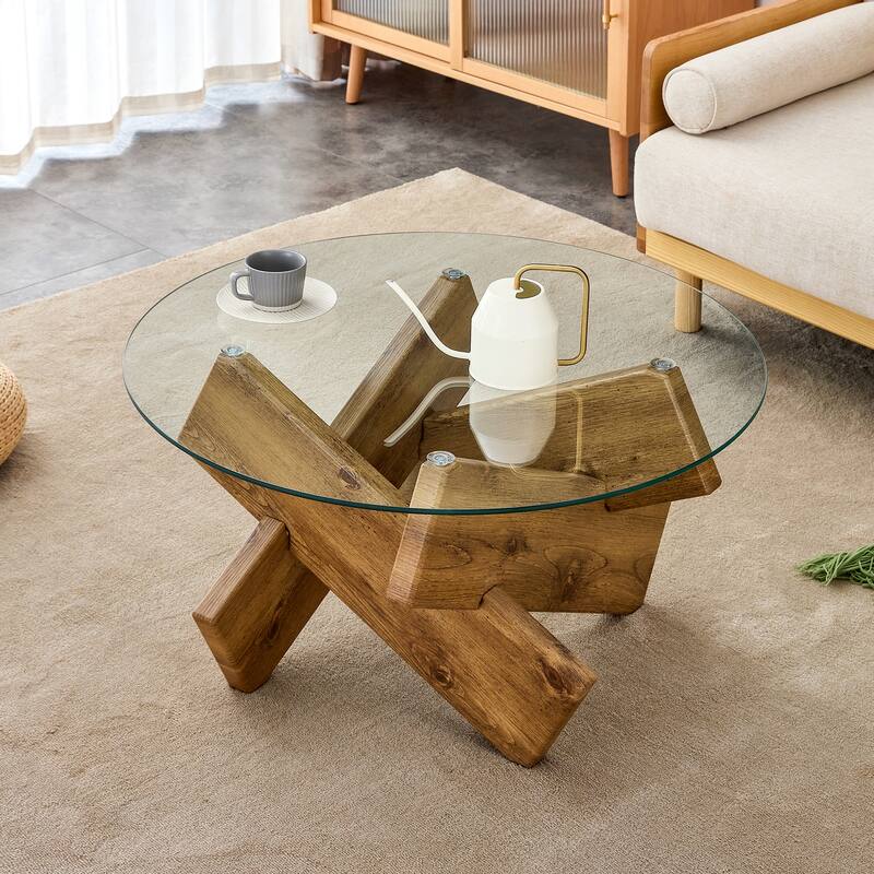 GDFStudio Marcellus Tempered Glass Coffee Table with Textured Legs - Natural Wood Color
