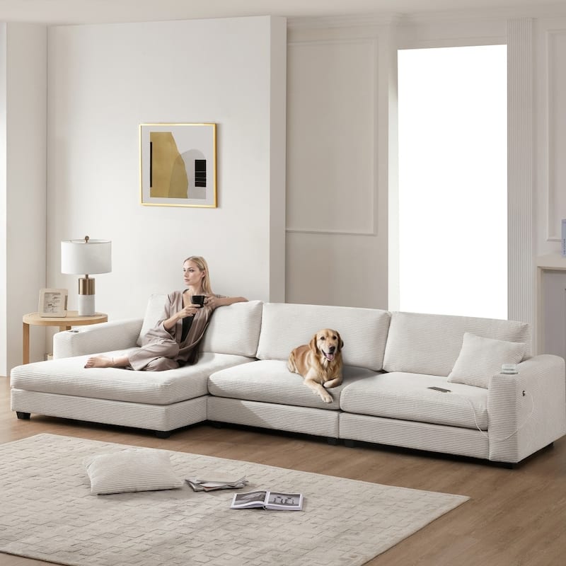 134" Oversized Corduroy Sectional L-shaped Cloud Sofa with USB Charging Port and Cup Holder