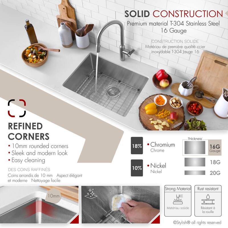 Undermount 23" Single-Bowl Stainless Steel Kitchen Sink S-307XG - 23" x 18" x 10"