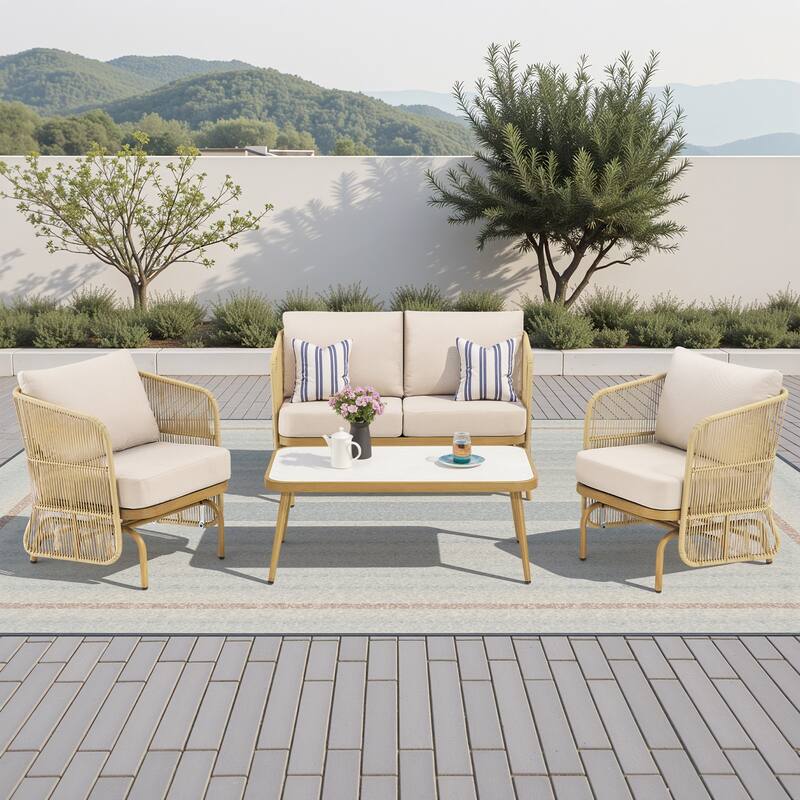 Pocassy Patio 2-Seat Sofa Glider Chair with Coffee Table - Yellow Wicker Beige Cushion - 4-Piece 2-Seat Sofa Glider Chair with Coffee Table
