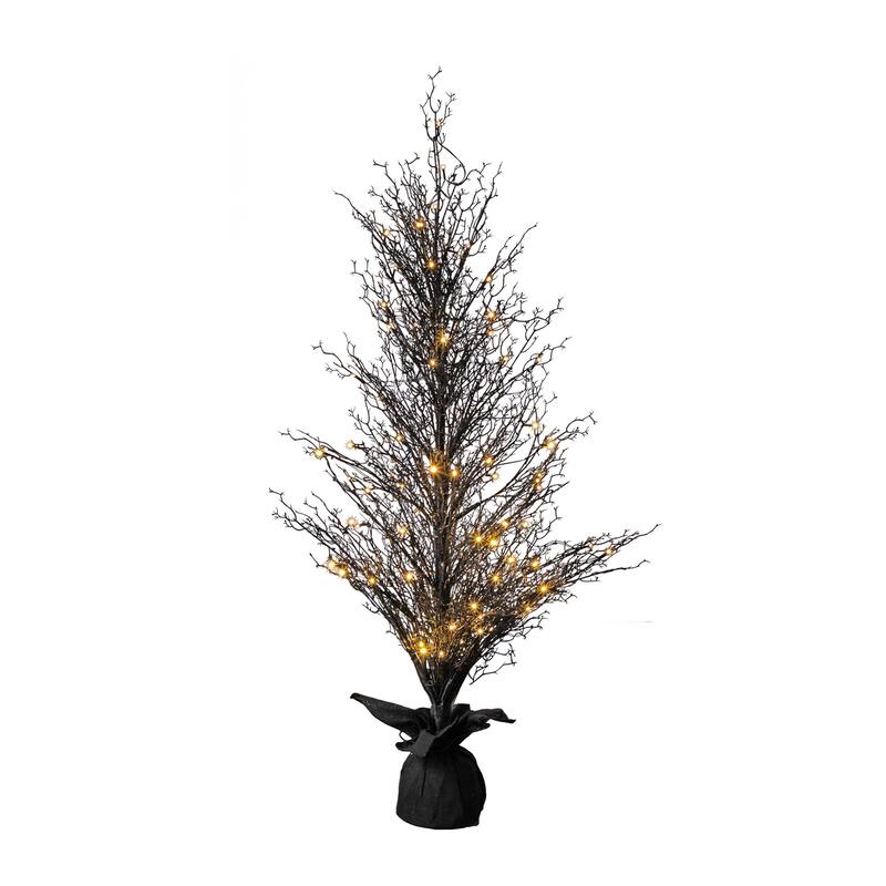 LED Lights Artificial Black Twig Halloween Tree with Burlap Base - 5' - Warm White - 3-to-6-feet