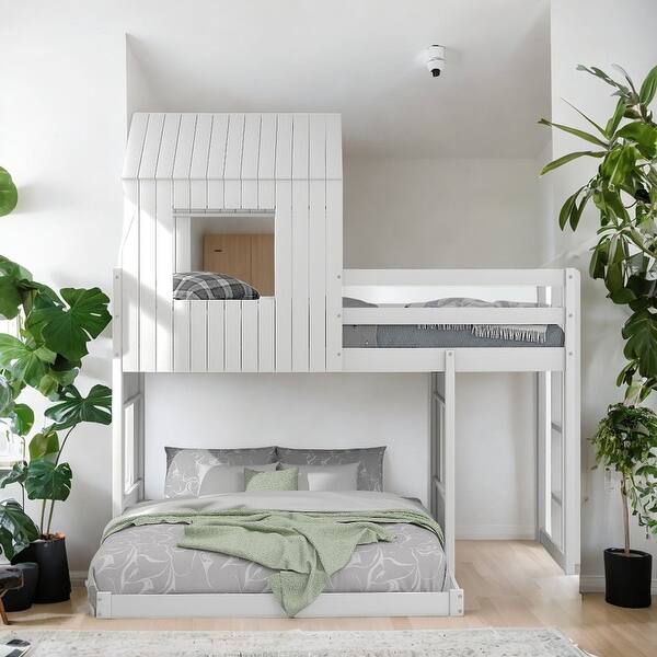 Wooden Twin Over Full Bunk Bed, Loft Bed with Playhouse, Ladder and