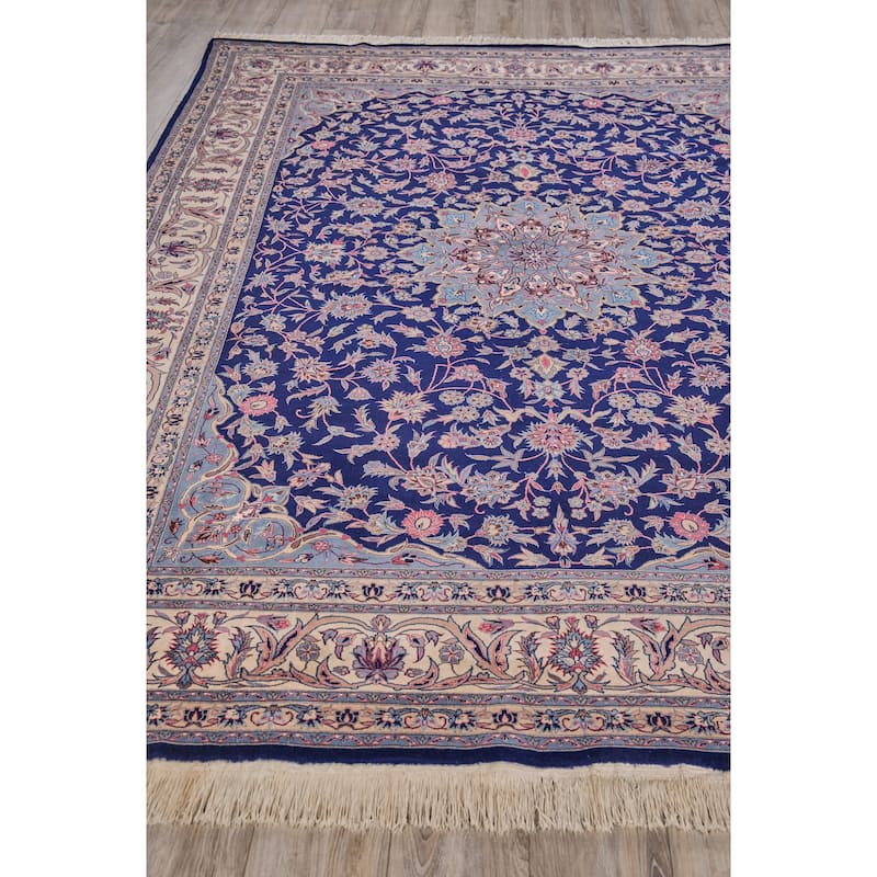 EXQUISITE RUGS ONE-OF-A-KIND Super Fine Isfahan Hand Knotted Navy/Beige Rug - 8'3"x11'2"