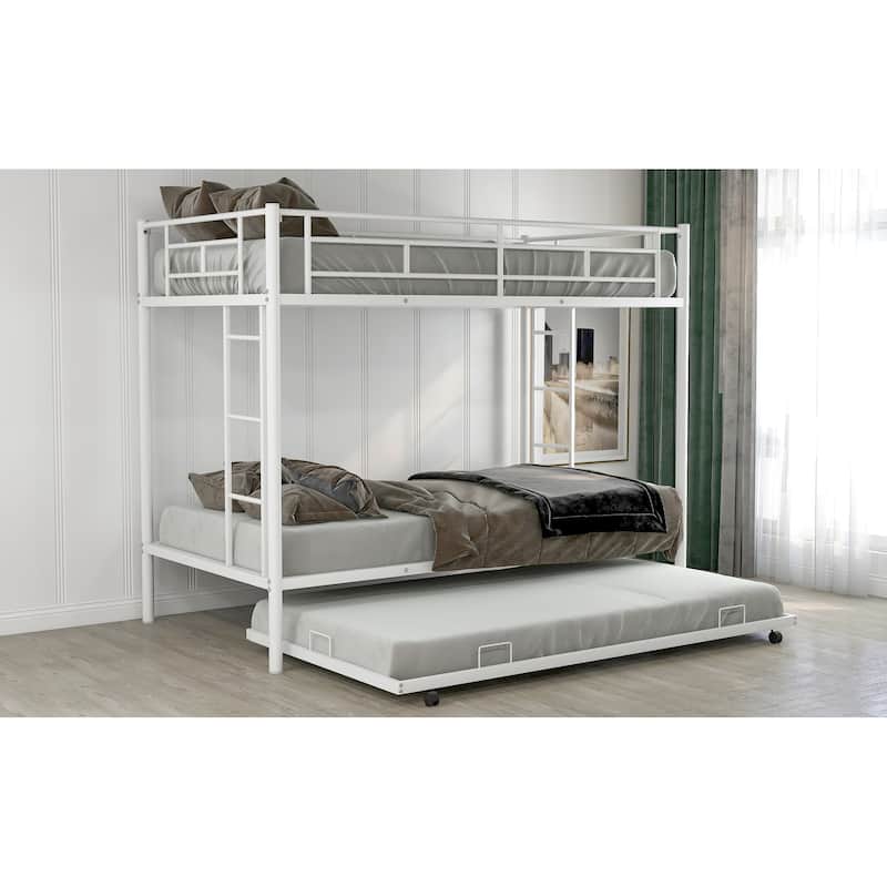 Twin over Twin Size Metal Bunk Bed with Trundle, Ladder and Fence for Bedroom
