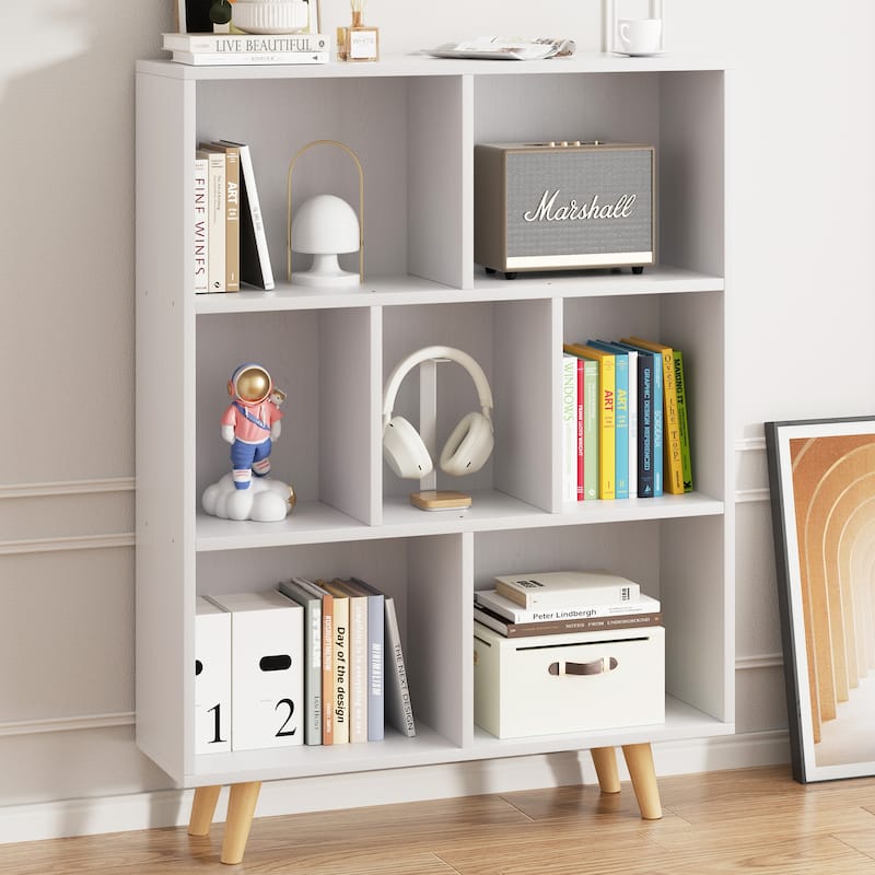 7 Cube Bookshelf, 3 Tier Storage Bookcase with Legs - White