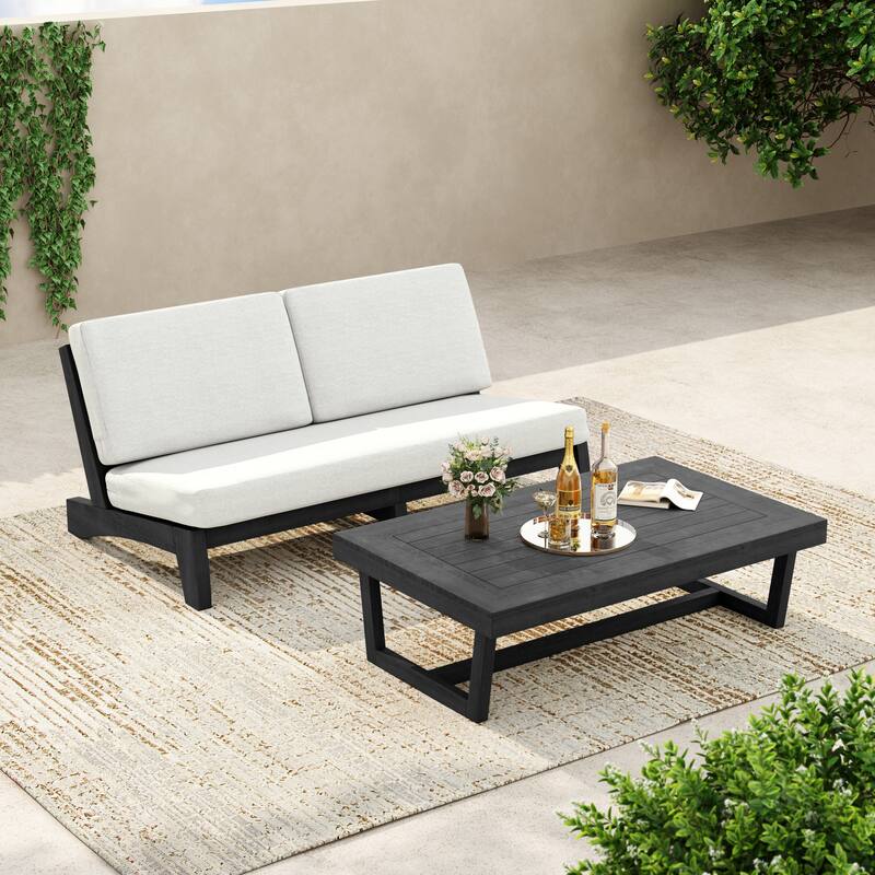 3-Seat Outdoor Sofa Set with Solid Wood Coffee Table, Weather-Resistant Cushions - Beige/Coffee Table - Black Wood