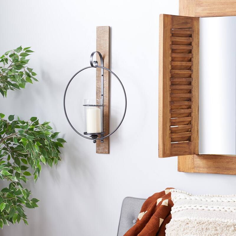 Wood Geometric Pillar Wall Sconce with Wood Back Mount - Brown - Roche River Decor