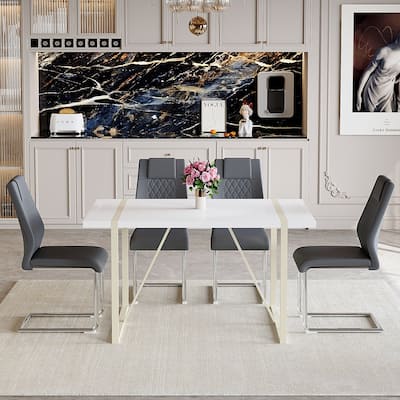 5-Piece Rectangular Dining Table Set, Modern 55" Cream Table with 4 Faux Leather Chairs for Kitchen Home Office and Lounge Area