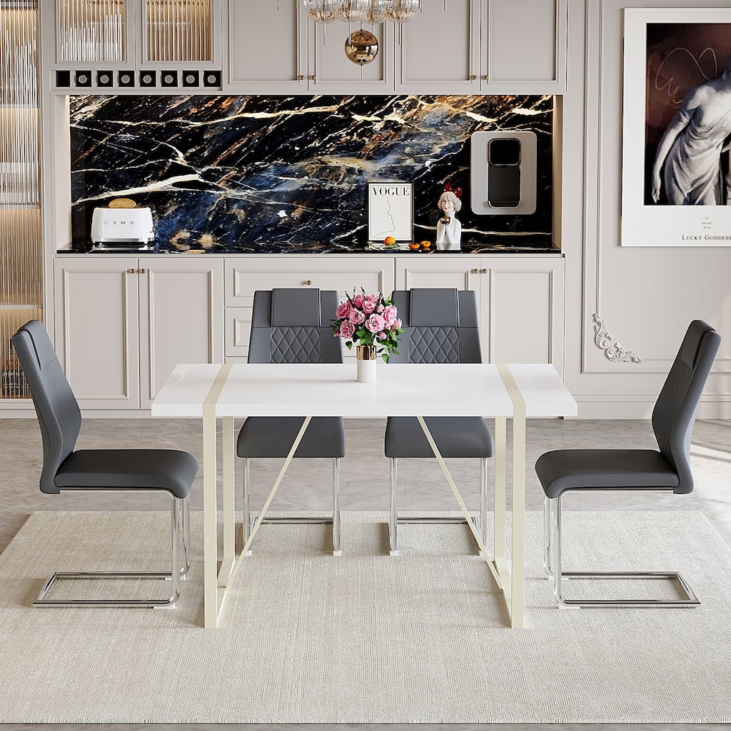 5-Piece Rectangular Dining Table Set, Modern 55" Cream Table with 4 Faux Leather Chairs for Kitchen Home Office and Lounge Area