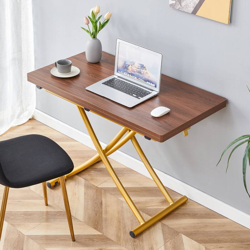 Modern Lift Table With 0.8-Inch Wood-Textured MDF Top & Black Metal Legs; Functions As Dressing, Coffee, Dining, Or Office Desk.