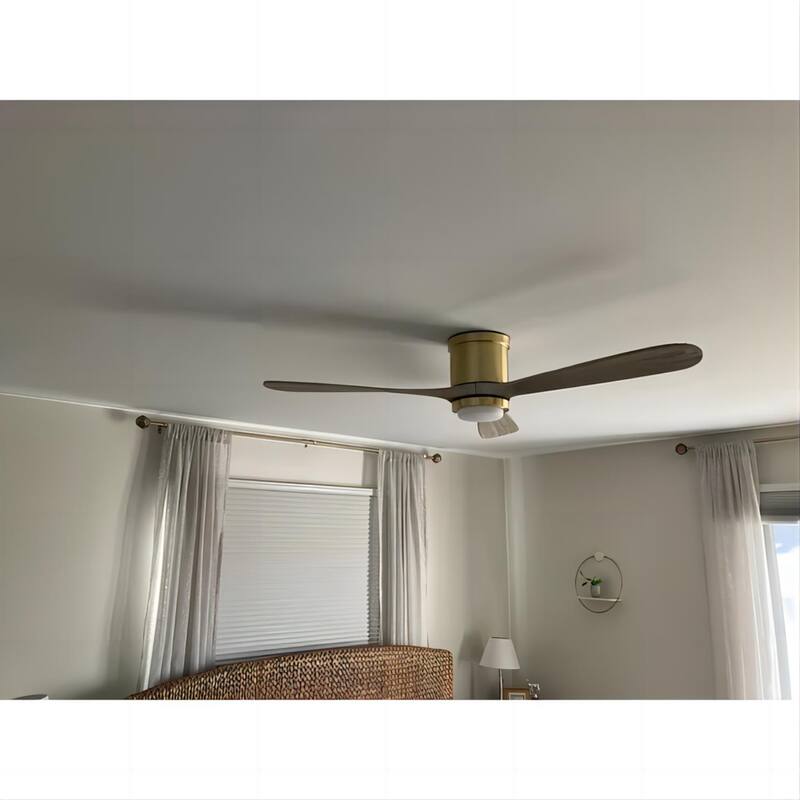 Modern Sand Gold Low Profile Flush Mount LED Ceiling Fan with Light and Remote - 52 Inches