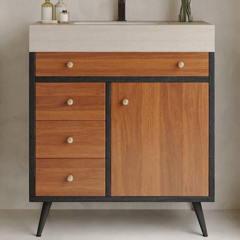 GDFStudio - Bristol Modern 29.9" Freestanding Bathroom Vanity with Sintered Stone Top, Ceramic Sink & Stainless Steel Legs