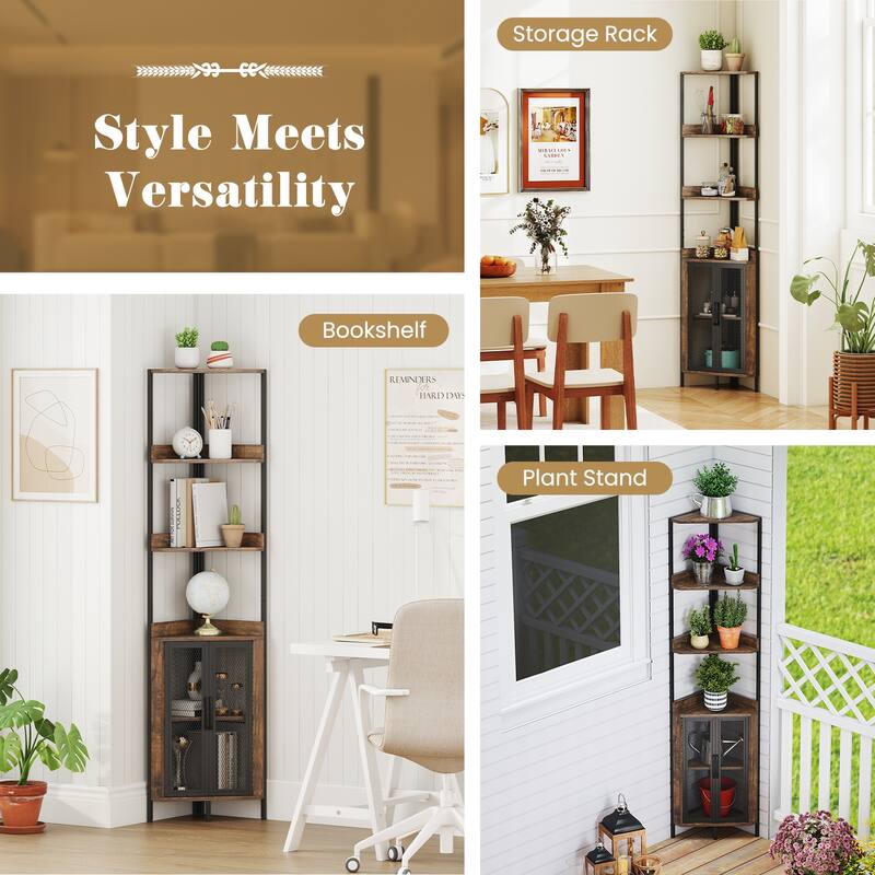 Gymax 6-Tier Corner Shelf 67'' Tall Corner Bookshelf w/Cabinet &