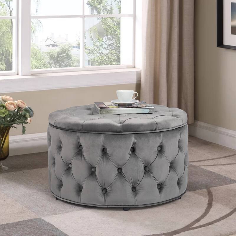 Adeco Round Storage Ottoman Button Tufted Footrest Stool Bench - Grey-Velvet