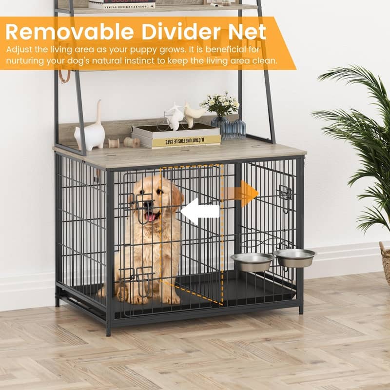 37.4 in Wooden Dog Crate Furniture FlipTop Kennel with 3 Storage Shelves and Bowls