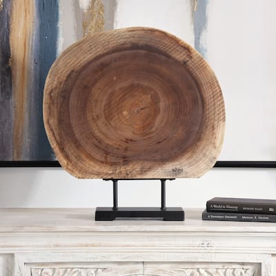 Brown Wood Handmade Circular Slab Tree Decorative Sculpture with Black Metal Base
