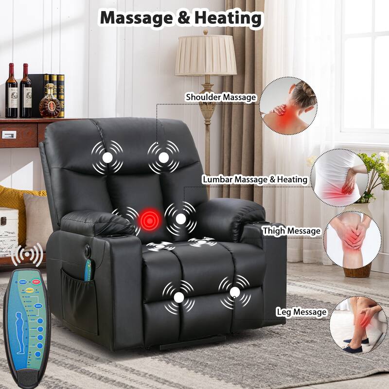 Oversized Power Lift Recliner Chair for Elderly, Faux Leather Lift Chair with Heated and Massage, Single Sofa with 2 Cup Holders
